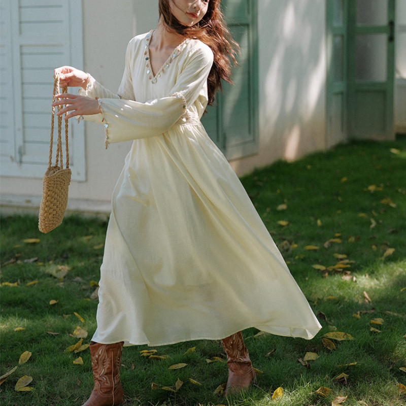 ワンピース   長袖   V ネック   ロングスカート