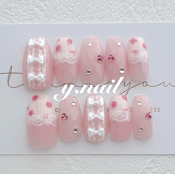 ネイルチップ オーダー レース ガーリー 結婚式 ウエディング フレンチ 韓国 ネイルチップ/花柄ネイル/小花柄/ガーリーネイル/ピンクネイル/レース