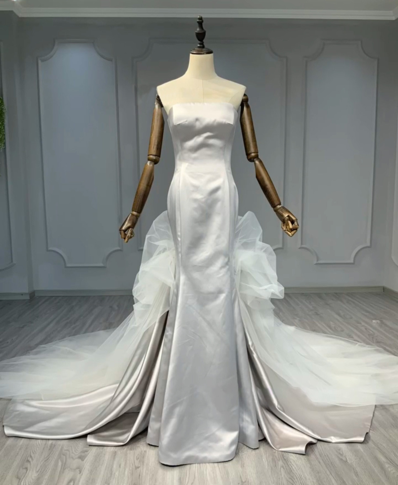 激売れ人気商品　お色直し　取り外し可能オーバースカート　ふわふわチュール　シャンペン色　光沢サテン　マーメイド薔薇ローズ