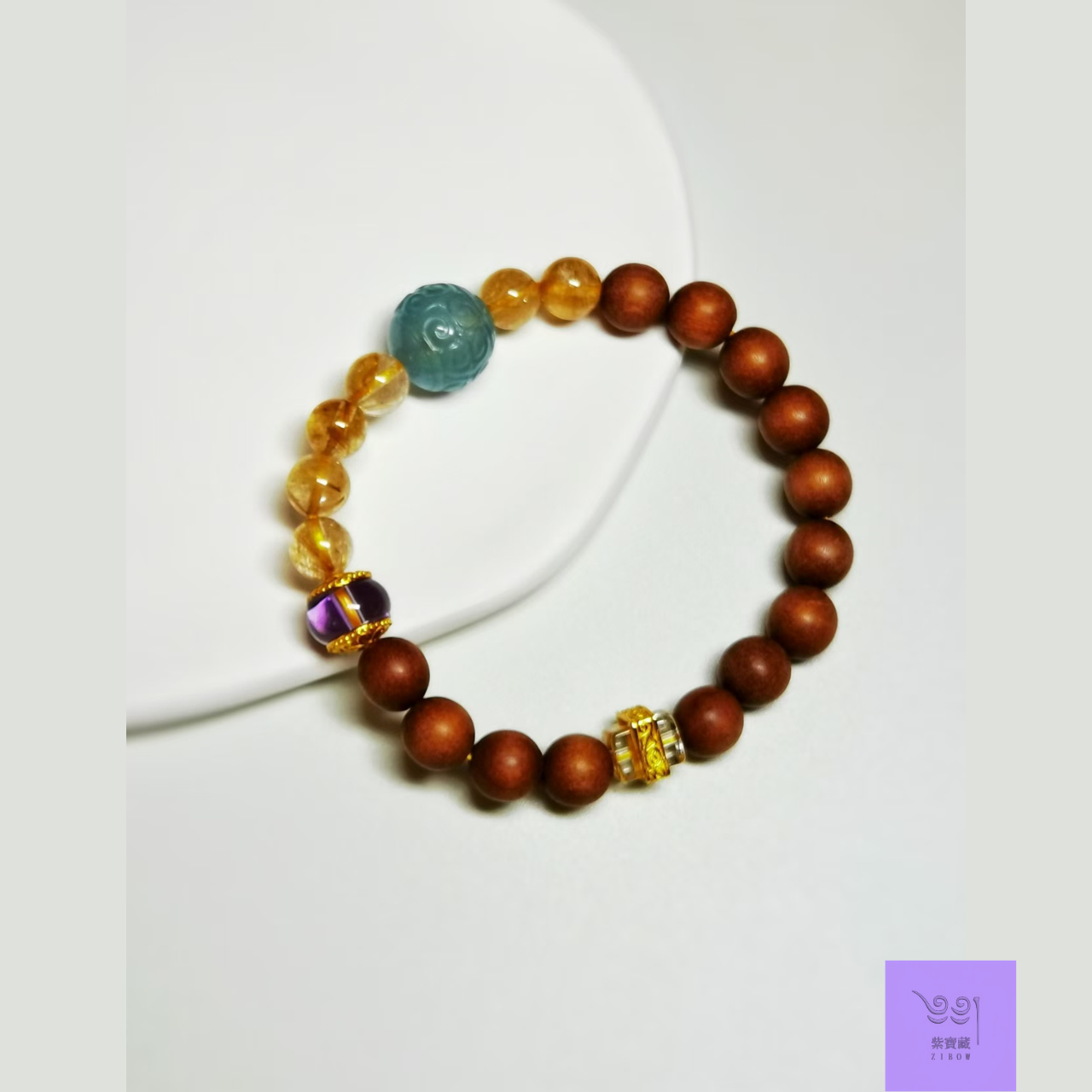 ＊木・金・水のエレメントが巡る、幸運を引き寄せるブレスレット＊ゴールドルチルクォーツ・白檀・アクアマリン