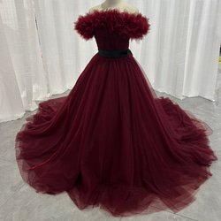 上品！カラードレス ワインレッド オフショルダー チュールスカート  