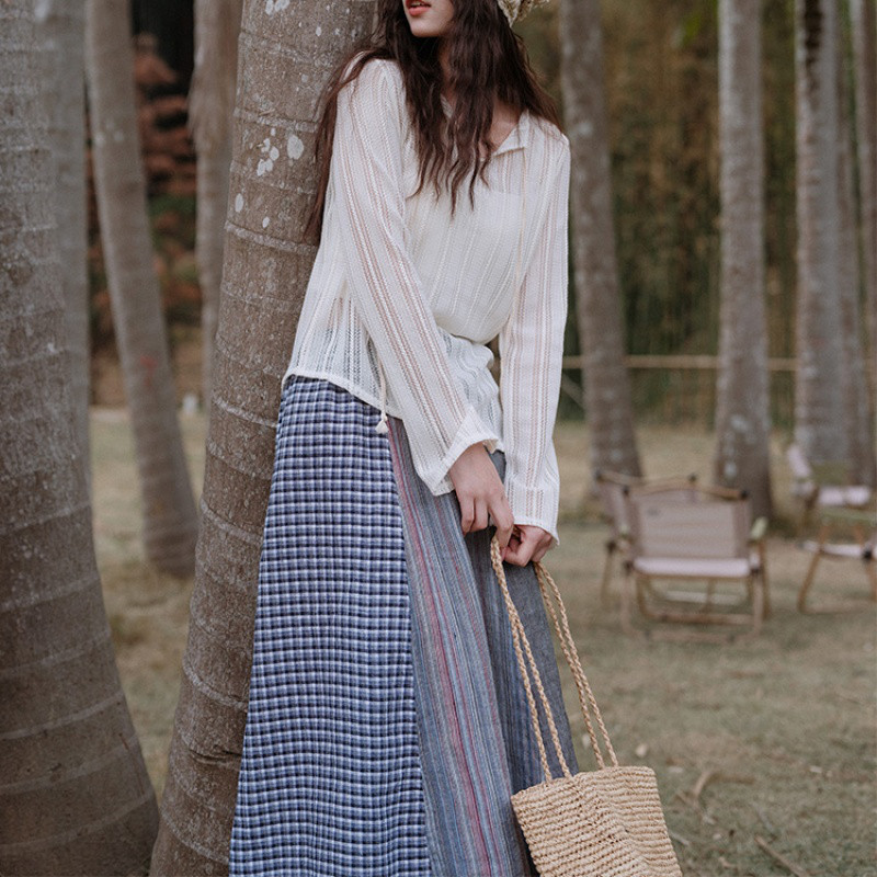 カラーブロック      ハーフスカート   リネン   レース   A ラインスカート