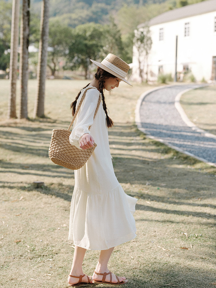 リボン締めのロングスカート   ボトルスリーブ   ワンピース