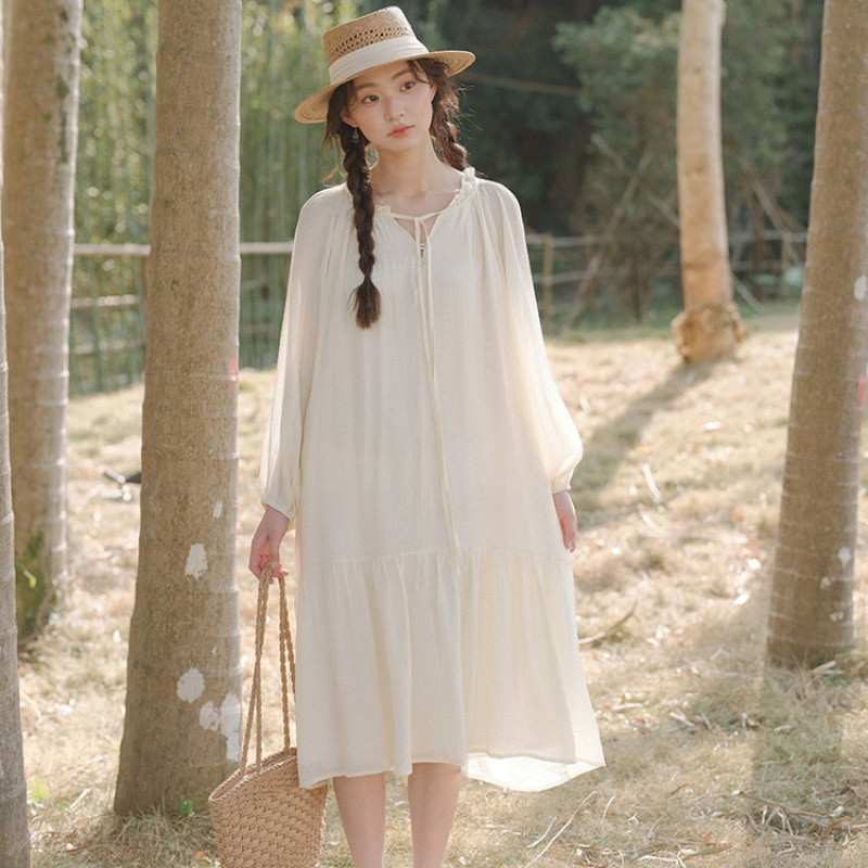 リボン締めのロングスカート   ボトルスリーブ   ワンピース