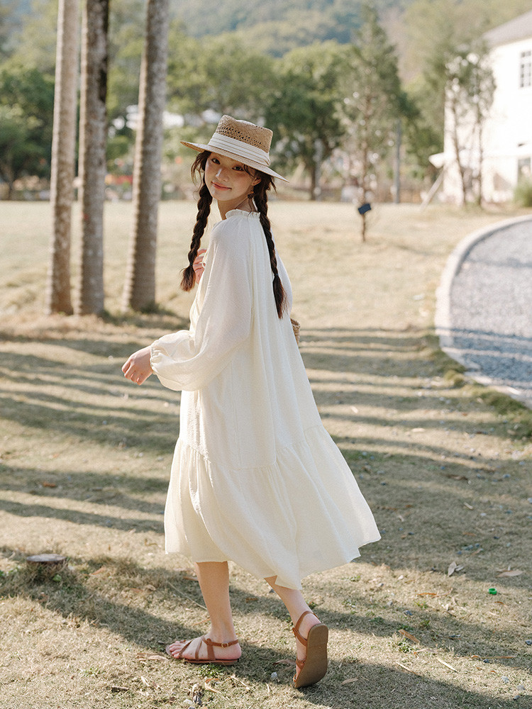 リボン締めのロングスカート   ボトルスリーブ   ワンピース