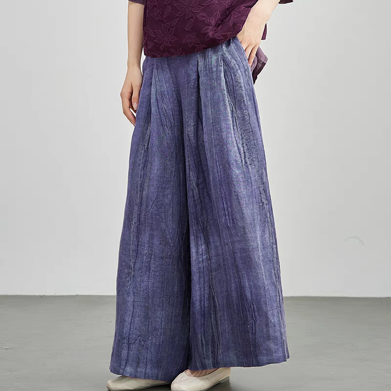 涼しくナチュラルな質感のムラ染めリネン♪タック入りスカンツ ネイビー