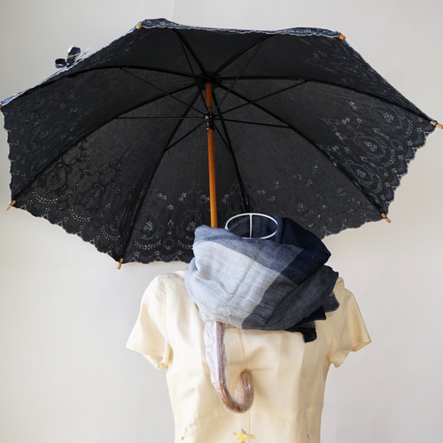 晴雨兼用】綿麻 長傘 ながかさ 日傘『アンティーク刺繍』・母の