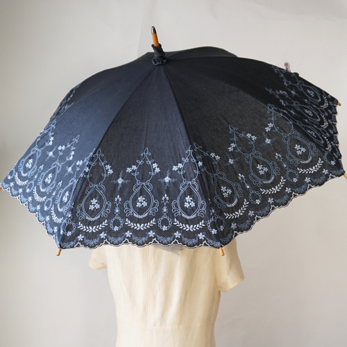 晴雨兼用】綿麻 長傘 ながかさ 日傘『アンティーク刺繍』・母の
