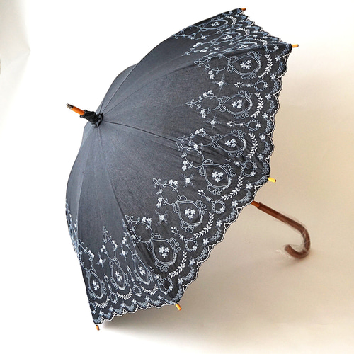 晴雨兼用】綿麻 長傘 ながかさ 日傘『アンティーク刺繍』・母の