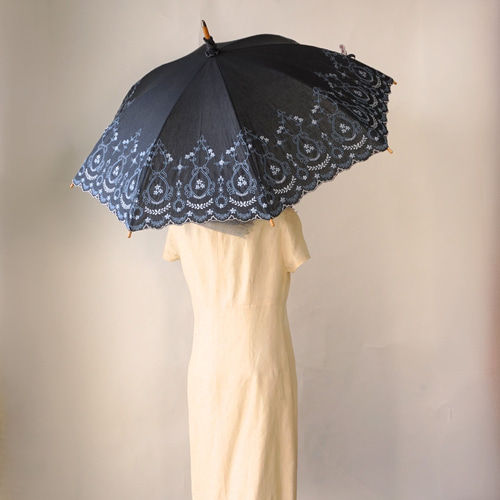 晴雨兼用】綿麻 長傘 ながかさ 日傘『アンティーク刺繍』・母の 晴雨兼用】綿麻 長傘 ながかさ 日傘『アンティーク刺繍』・母の