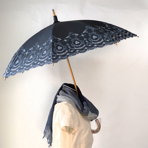 晴雨兼用】綿麻 長傘 ながかさ 日傘『アンティーク刺繍』・母の