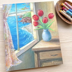 原画】書斎窓から見える景色 壁掛け 絵画 風景画 夕陽 海の絵 絵画
