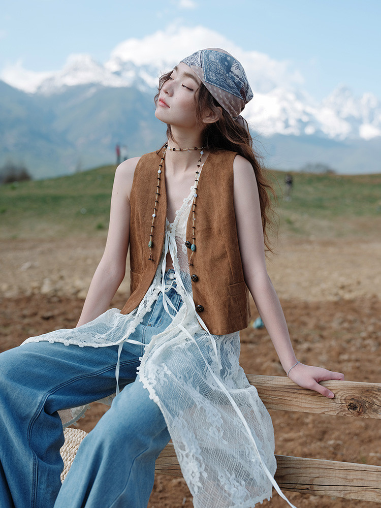 無袖  ベスト  レース  リボン締め  カーディガン  ニット