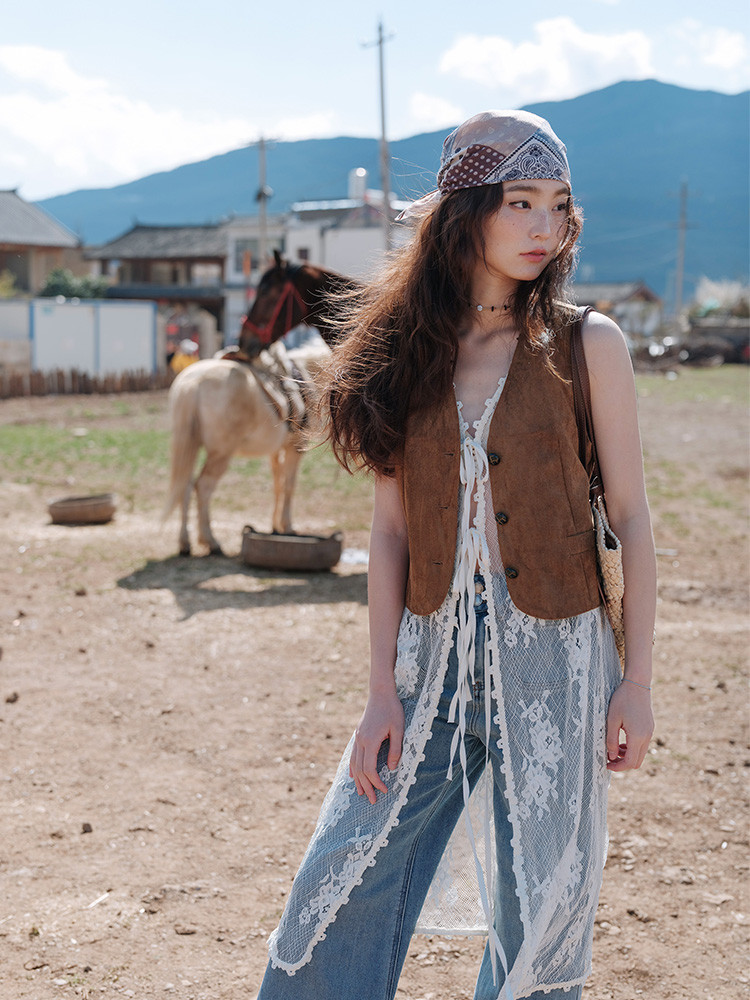 無袖  ベスト  レース  リボン締め  カーディガン  ニット