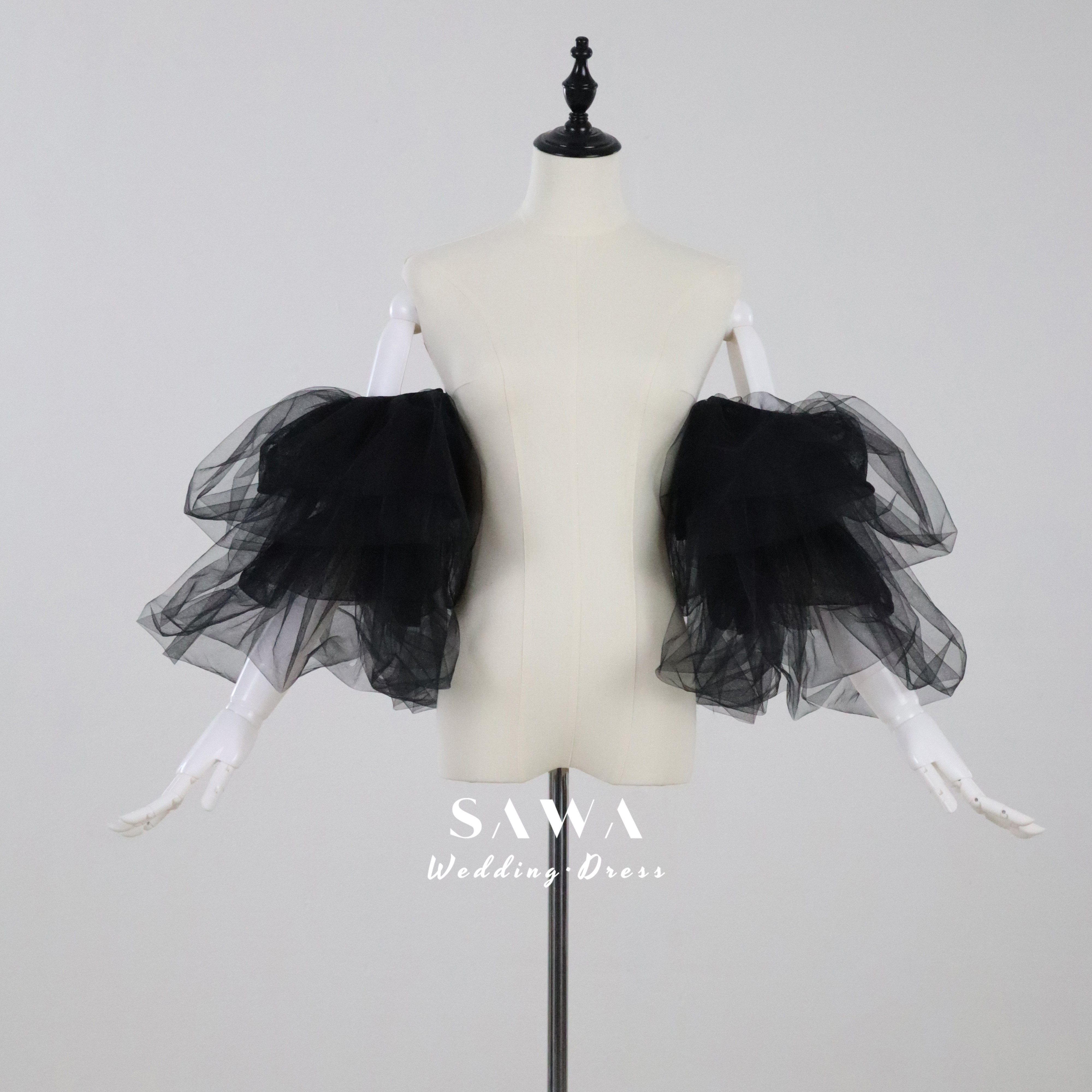 大人気！ボリューム　二の腕カバー　取り外し可能お袖　優雅　ブラック黒　白可能　お洒落　多層チュール　ドレス小物二次会披露