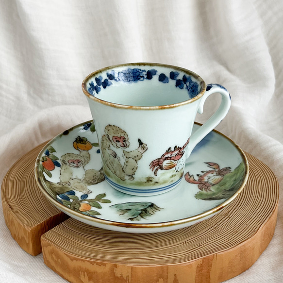 ❤️チコロット❤️すべて手描き❤️染付け❤️ソーサーは取り皿にもなる❤️カップ＆ソーサー❤️さるかに合戦 6枚目の画像