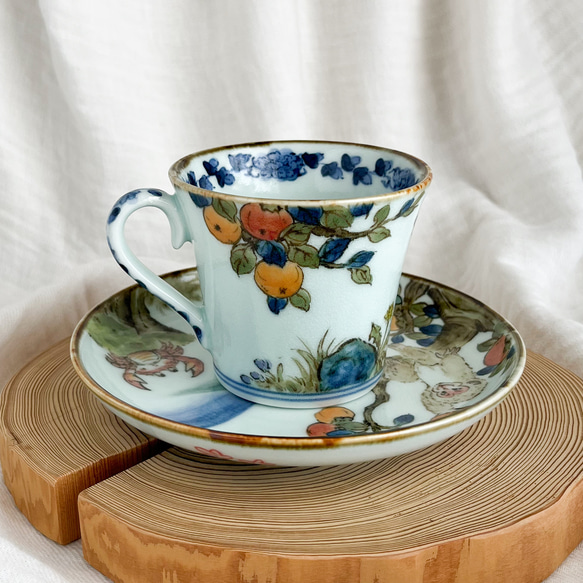 ❤️チコロット❤️すべて手描き❤️染付け❤️ソーサーは取り皿にもなる❤️カップ＆ソーサー❤️さるかに合戦 3枚目の画像