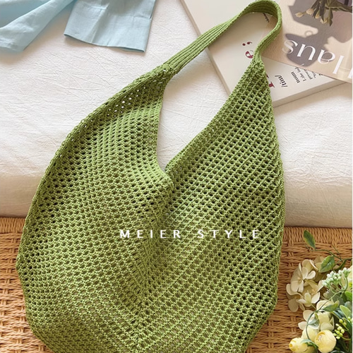 手作り】コットンニットバッグ 手編みバッグ ショルダーバッグ トート