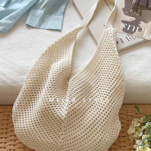 手作り】コットンニットバッグ 手編みバッグ ショルダーバッグ トート