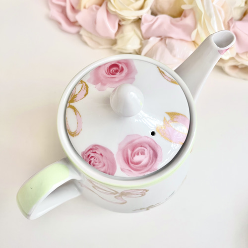 即納】天使♡ローズ♡リボン エレガントなティーポット 陶器/磁器/薔薇