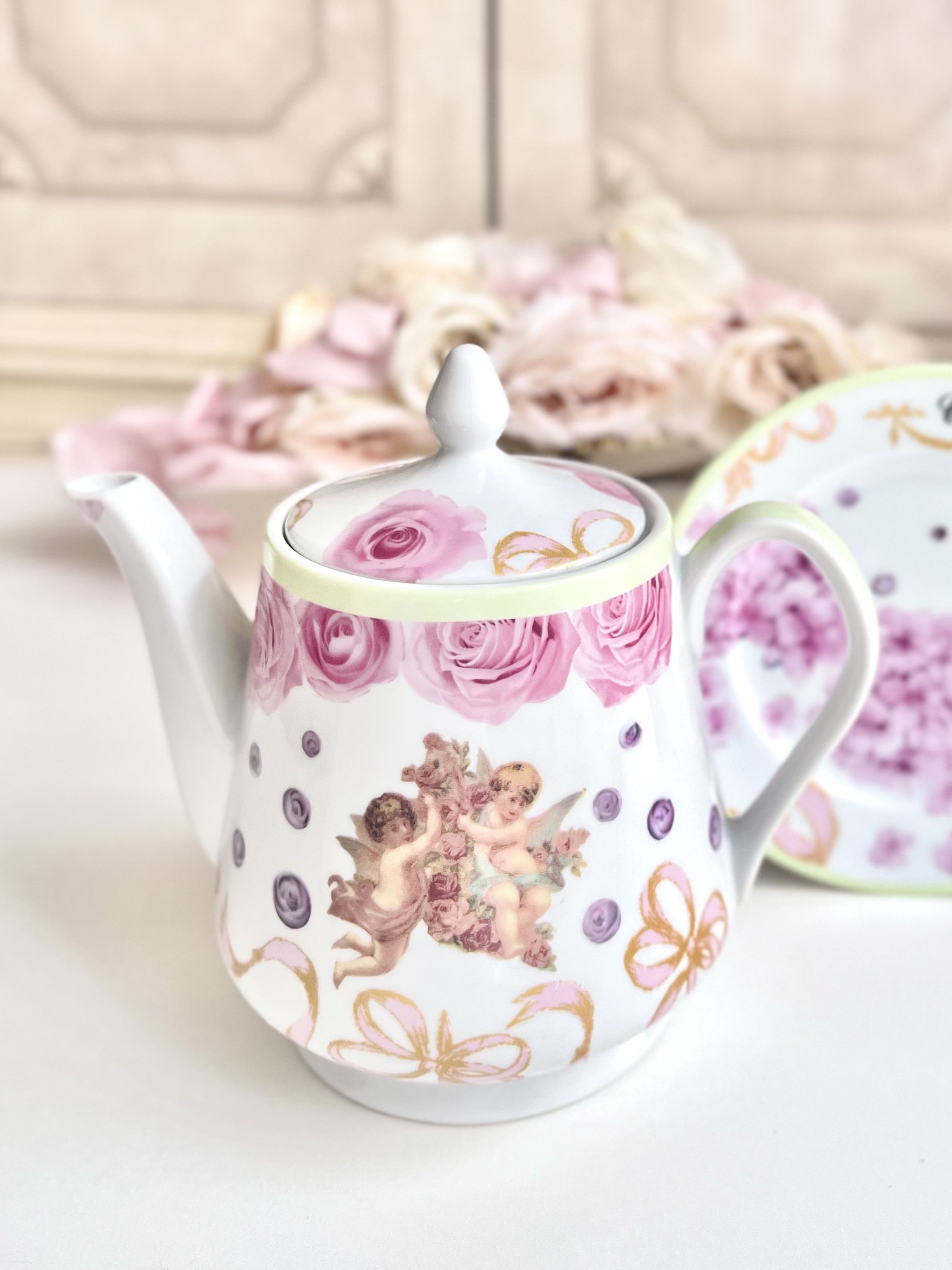 【即納】天使♡ローズ♡リボン エレガントなティーポット 陶器/磁器/薔薇/姫系/かわいい/おしゃれ/ピンク