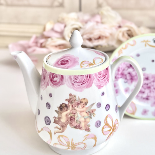 花柄ピンクティーポット 陶器製 花柄ピンクティーポット 陶器製