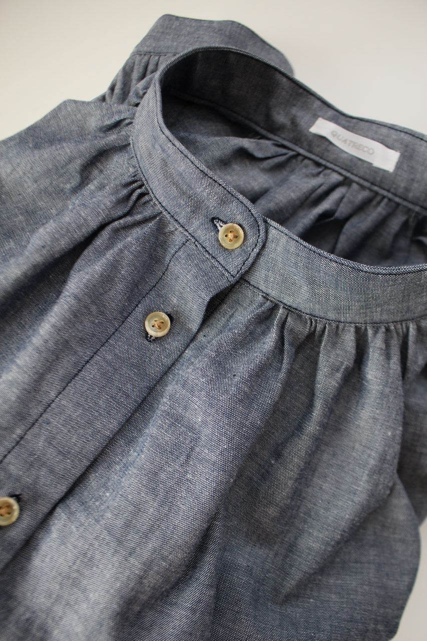 ☆SALE☆日本製コットン100％ダンガリースタンドカラーミニフリルブラウス