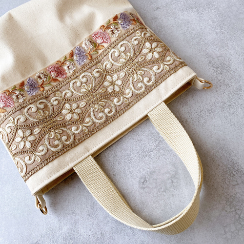インド刺繍リボン】ハンドメイド トートバッグ ショルダーバッグ