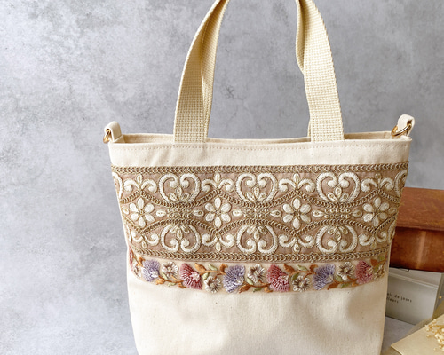 トートバッグ　ハンドメイド　インド刺繍リボン× 帆布　縦23㎝×横33㎝×12㎝ インド刺繍リボン】ハンドメイド トートバッグ ショルダーバッグ