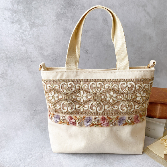 インド刺繍リボン】ハンドメイド トートバッグ ショルダーバッグ
