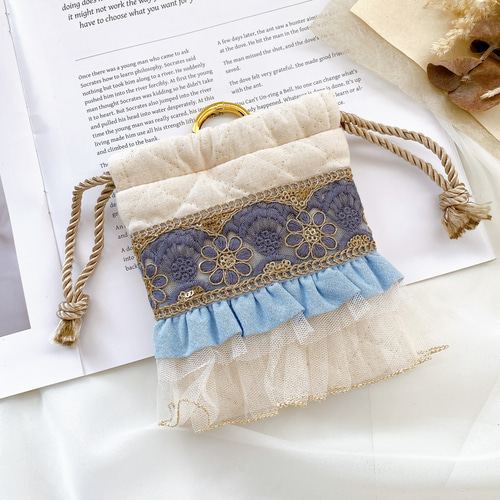 インド刺繍リボン】ハンドメイド ミニ 巾着 フリル ポーチ 巾着