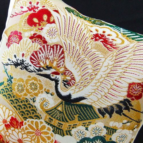 沸騰ブラドン k-045】45×45cm用/和柄クッションカバー/鶴小花文様・正絹 クッション・座布団