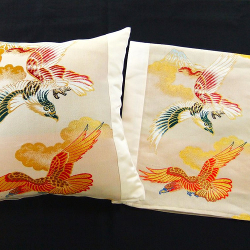 k-046】45×45cm用/和柄クッションカバー/一富士二鷹文様・正絹
