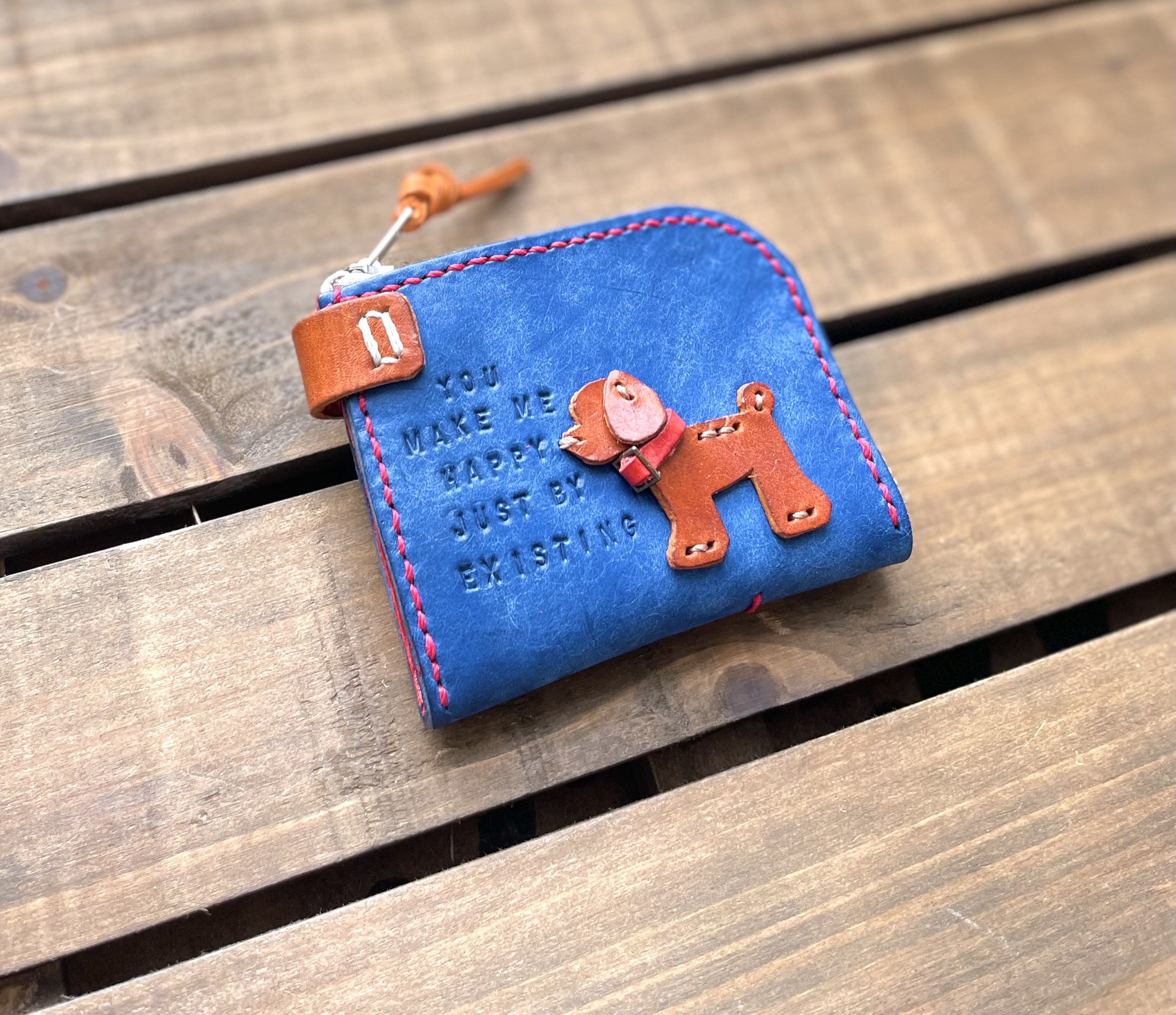 青色レザーのスマートキーケース　L字ファスナー　本革ヌメ革　小銭入・コインケースにも　トイプードル