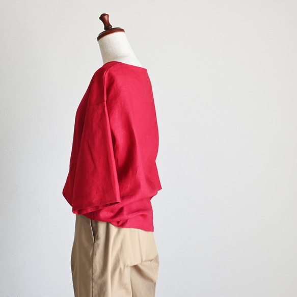 シンプルながら着映えする華やかレッド＊襟はすっきりVネック＊着心地抜群リネン100%＊選べる丈＊M〜3L 3枚目の画像