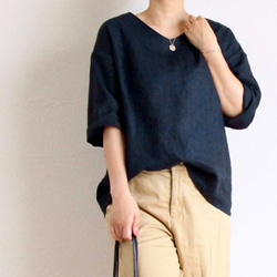 ビビッドグリーン＊襟はすっきりVネック＊着心地抜群リネン100%＊選べる丈＊M〜3L 6枚目の画像