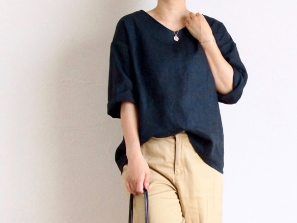 ビビッドグリーン＊襟はすっきりVネック＊着心地抜群リネン100%＊選べる丈＊M〜3L 6枚目の画像