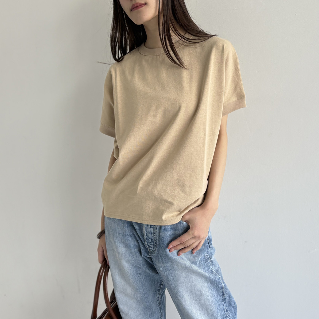 【日本製】USAコットン　ドルマンハーフスリーブ プルオーバー＿ベージュ