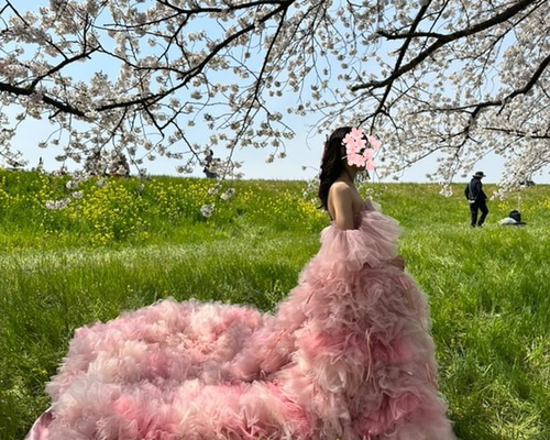 実例写真！カラードレス ピンク もこもこドレス リボン 編み上げ