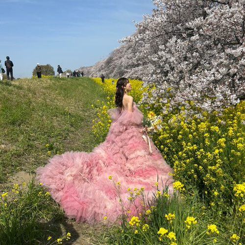 実例写真！カラードレス ピンク もこもこドレス リボン 編み上げ