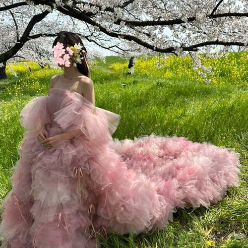 実例写真！カラードレス ピンク もこもこドレス リボン 編み上げ