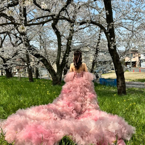 実例写真！カラードレス ピンク もこもこドレス リボン 編み上げ