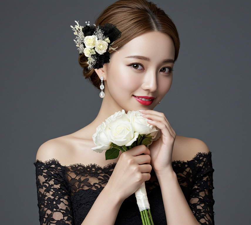 髪飾り 結婚式 成人式 白薔薇 白黒 リボン オシャレ    ヘッドドレス ヘアアクセサリー 大人かわいい かすみ草