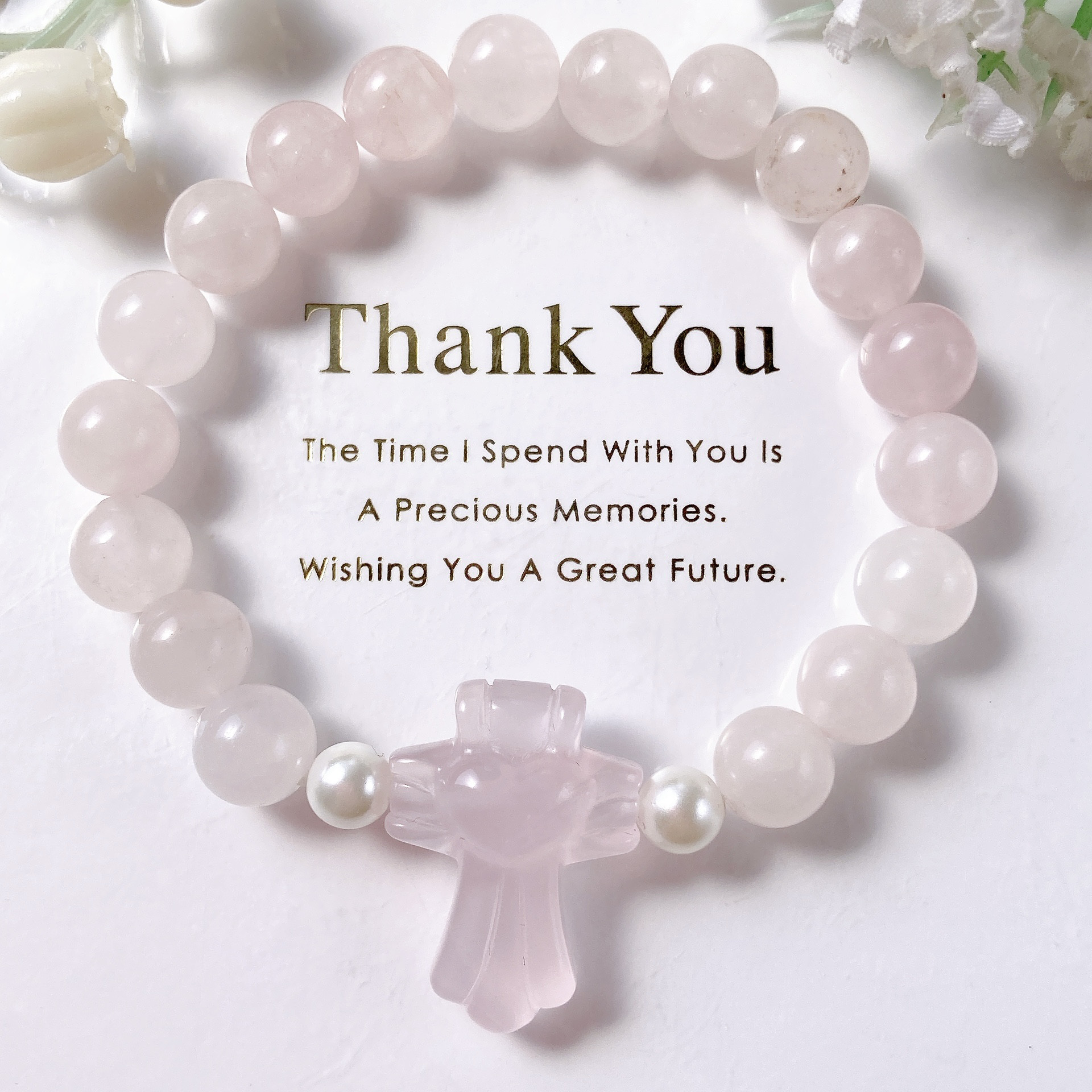 ローズクォーツ十字架パール天然石ブレスレット