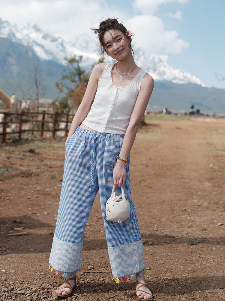 花柄   つなぎ合わせ   カジュアルパンツ   九分丈パンツ   チェックパンツ