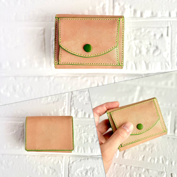 栃木レザー仕立て くるみボタンの三つ折り財布  誕生日プレゼントにもいい刻印無料 6枚目の画像