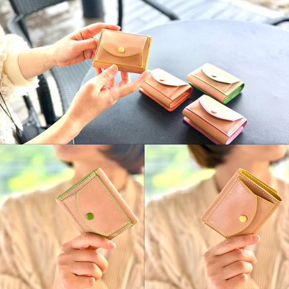 栃木レザー仕立て くるみボタンの三つ折り財布  誕生日プレゼントにもいい刻印無料 2枚目の画像