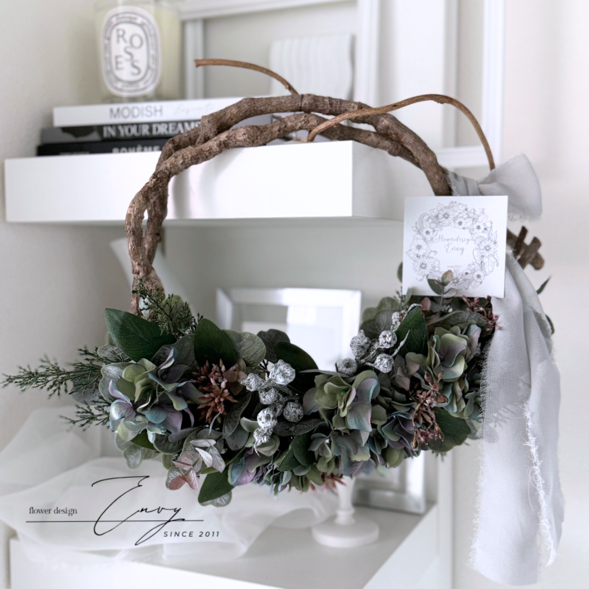 造花リース｜アジサイとユーカリのナチュラルドアリース｜枯れないお花｜アーティフィシャルフラワー｜ギフトにも最適｜幸運