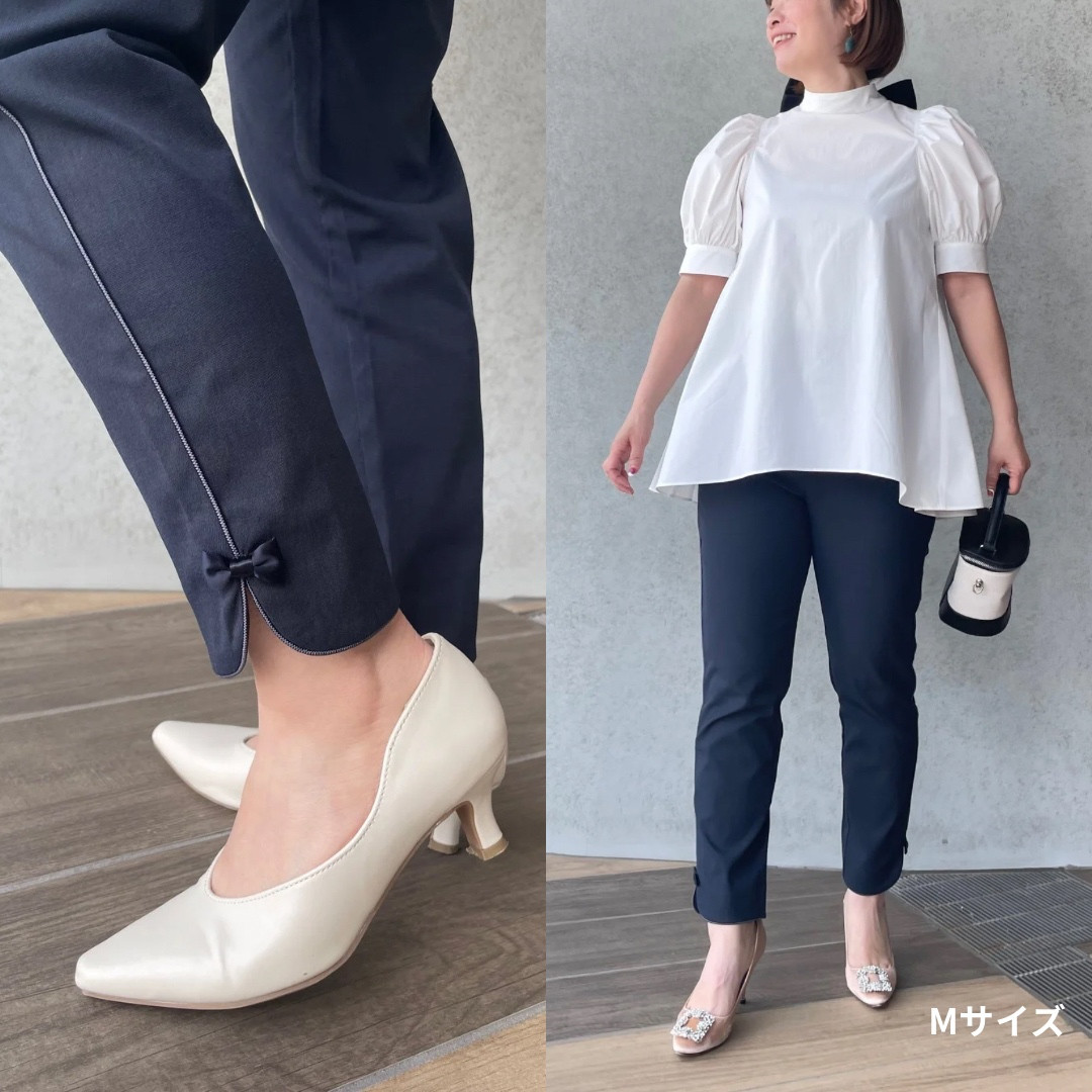 【冷感接触 UVカット99％】リネン混♡-5kgが叶う スリット入り細見えパンツ 紺【M】KMC-757 726739