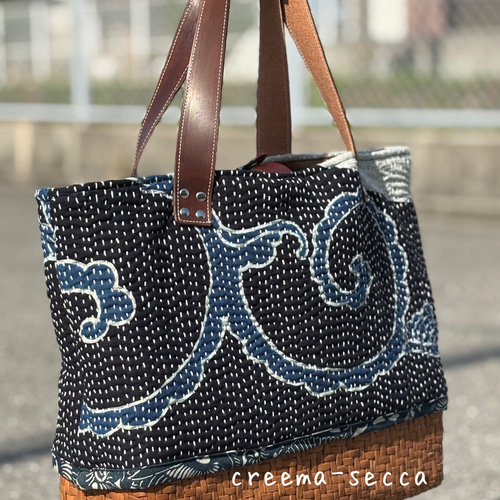 古布筒描刺し子山ぶどうカゴバッグ　本革　手仕事 古布筒描刺し子山ぶどうカゴバッグ 本革 手仕事 【公式通販】